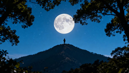Silhouette of a woman standing on top of a mountain and looking at the full moonの素材