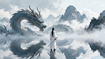 Fantasy landscape with a dragon and a woman in a white robeの素材