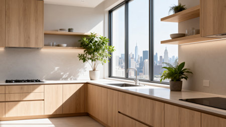 Interior of a modern kitchen with a panoramic city viewの素材