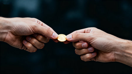Close-up of male hands holding golden bitcoin over dark background.の素材