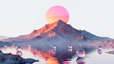 Sunset in the desert with reflection in water, 3d illustrationの素材