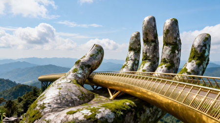 Golden bridge with green moss in Chiang Rai province, Thailand.の素材
