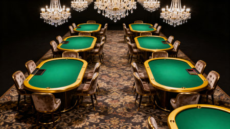 Poker table with green chips in casino. Casino gambling concept.の素材