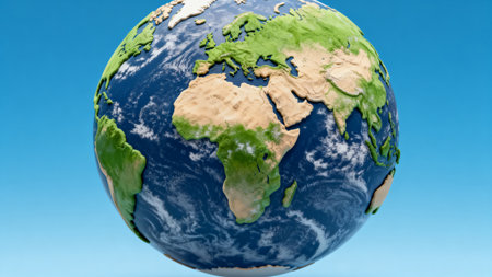 Earth globe on blue background. 3D illustration with detailed planet surface.の素材