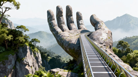 Huge hand of a man with a metal ladder in the mountainsの素材