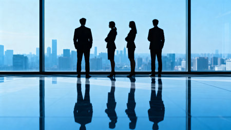 Silhouette of business people standing in office with city view backgroundの素材