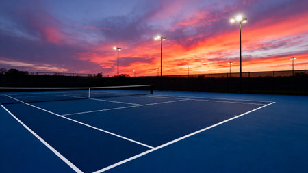 Tennis court at sunset with streetlights. Sport and recreation conceptの素材