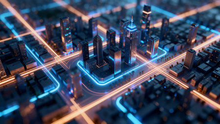 3d illustration of futuristic city with neon lights. 3d renderingの素材