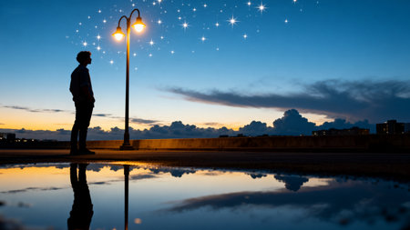 Man looking at a street lamp reflected in a puddle at sunsetの素材