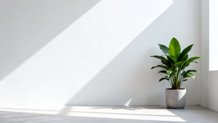 White wall with shadow and plant in pot on white wall background.の素材