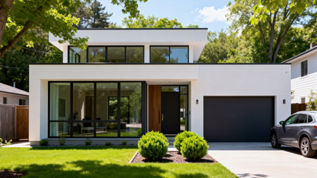 Modern house exterior with garage and driveway. View of entrance door.の素材