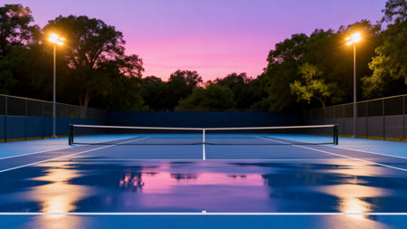 Tennis court at sunset. Blue and purple colors. 3d renderingの素材