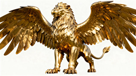 Lion statue isolated on white background. 3D illustration. 3D rendering.の素材