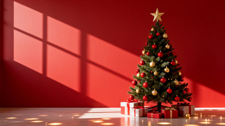 Christmas tree with gifts on the background of a red wall. 3d renderingの素材