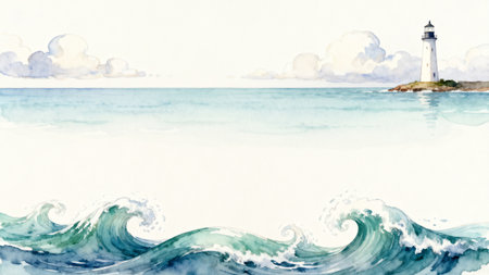 Watercolor seascape with lighthouse and waves. Hand painted illustrationの素材