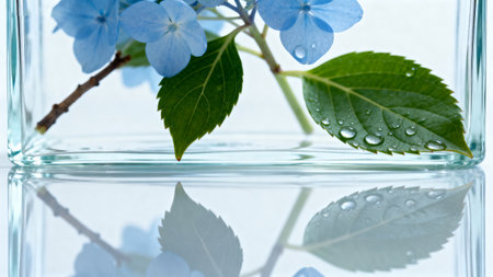 Hydrangea flowers in a glass vase with water drops on a white backgroundの素材