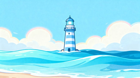 Lighthouse on the sea with clouds and sun. Vector illustration.の素材