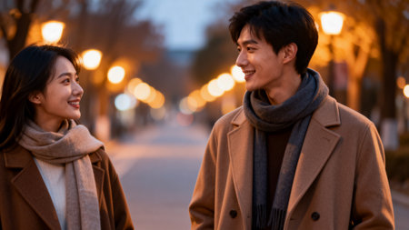 Young asian couple walking in the city at night. Asian people lifestyleの素材