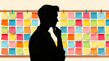 Silhouette of a man looking at wall with colorful sticky notesの素材