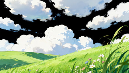 Illustration of a green field with flowers and clouds in the skyの素材