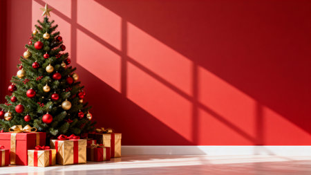 Christmas tree and gifts on a red wall background. 3d renderの素材