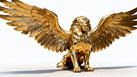 Lion statue with golden wings isolated on white background. 3d illustrationの素材