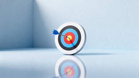 Target with arrow in the center. 3D illustration. Blue background.の素材