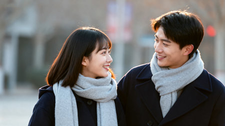 Young asian couple in love walking in the city street in winterの素材