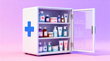 First aid kit in a cabinet on a purple background. 3d renderingの素材