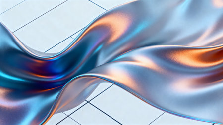 3d render, abstract background with metallic wavy liquid in blue and orange colorsの素材