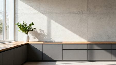 Modern kitchen interior with white walls, concrete floor and wooden countertop with plant. 3d renderingの素材