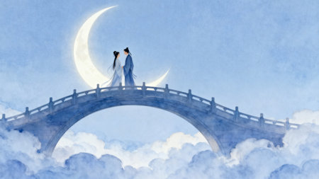 Young couple in love on the background of the moon and the roadの素材