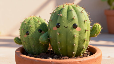 Cactus family with cute faces in a terracotta pot.の素材