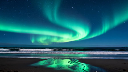 Aurora borealis, northern lights over the beach, Icelandの素材