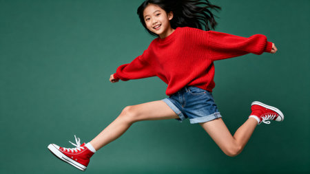 Happy asian girl in red sweater and jeans jumping isolated over green backgroundの素材