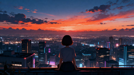 The silhouette of a woman looking at the city at sunset from a rooftopの素材