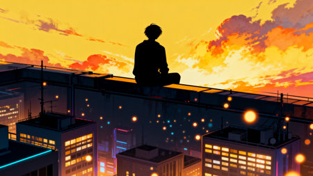 Silhouette of a man sitting on the roof of a building at sunsetの素材
