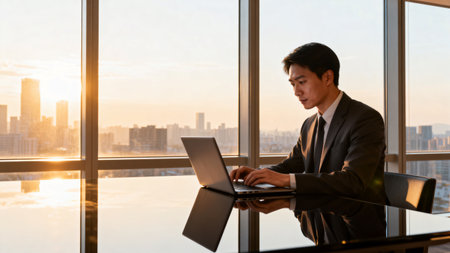 Businessman working on laptop computer in the office with cityscape backgroundの素材
