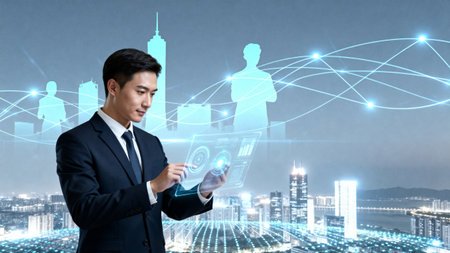 Businessman using mobile phone with social network icons on cityscape backgroundの素材