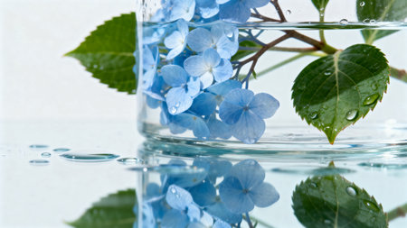 blue hydrangea in a glass with water drops on a white backgroundの素材