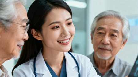 asian doctor and senior patient discussing something while sitting at the tableの素材