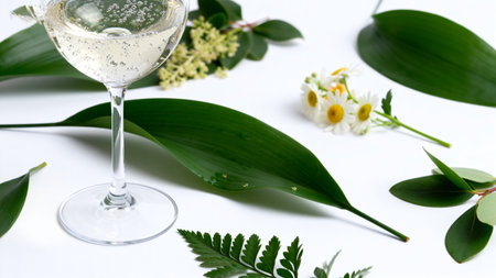 glass of champagne with green leaves and wildflowers on white backgroundの素材