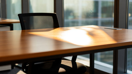 Wooden table and chair in modern office. Selective focus.の素材