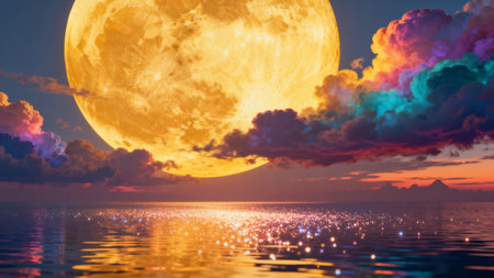 full moon over the sea at sunset. 3d render and illustrationの素材