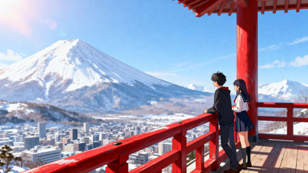 Back view of a young businessman wearing a suit and standing on the red bridge with Mt. Fuji in the backgroundの素材