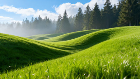 Beautiful landscape with green meadow and pine trees in the backgroundの素材