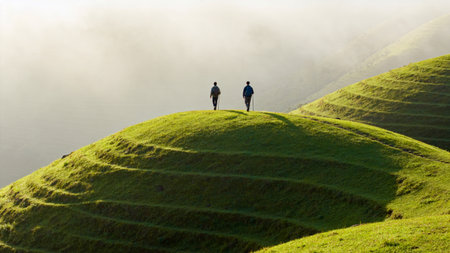 Silhouette of a man and a woman walking on the top of the hillの素材