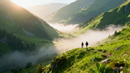 Couple walking in the mountains with fog and sunbeams.の素材