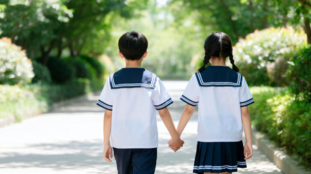 Back view of asian school boy and girl holding hands together in the parkの素材