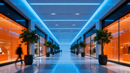 corridor of modern office building with neon lights and people silhouettesの素材